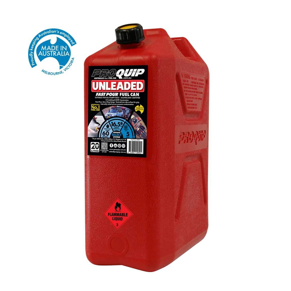 PROQUIP - 20L Plastic Fast Pour Fuel Can – Unleaded Red