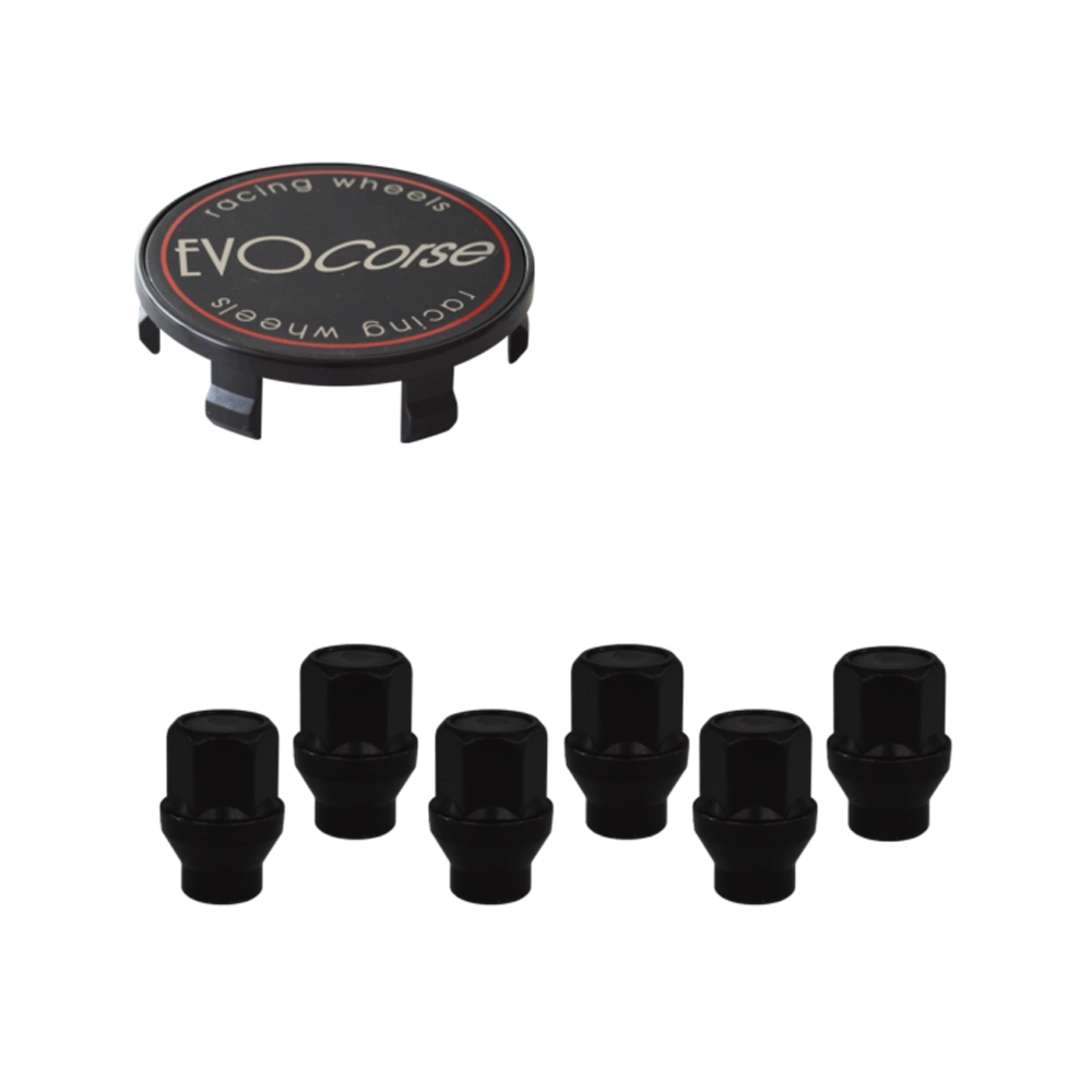 EVO - Fixing kit: 1 off-road hubcap, 1 EVO Corse PZ black badge and brushed logo, 6 closed black lug nuts with shank M12x1.50 (046)