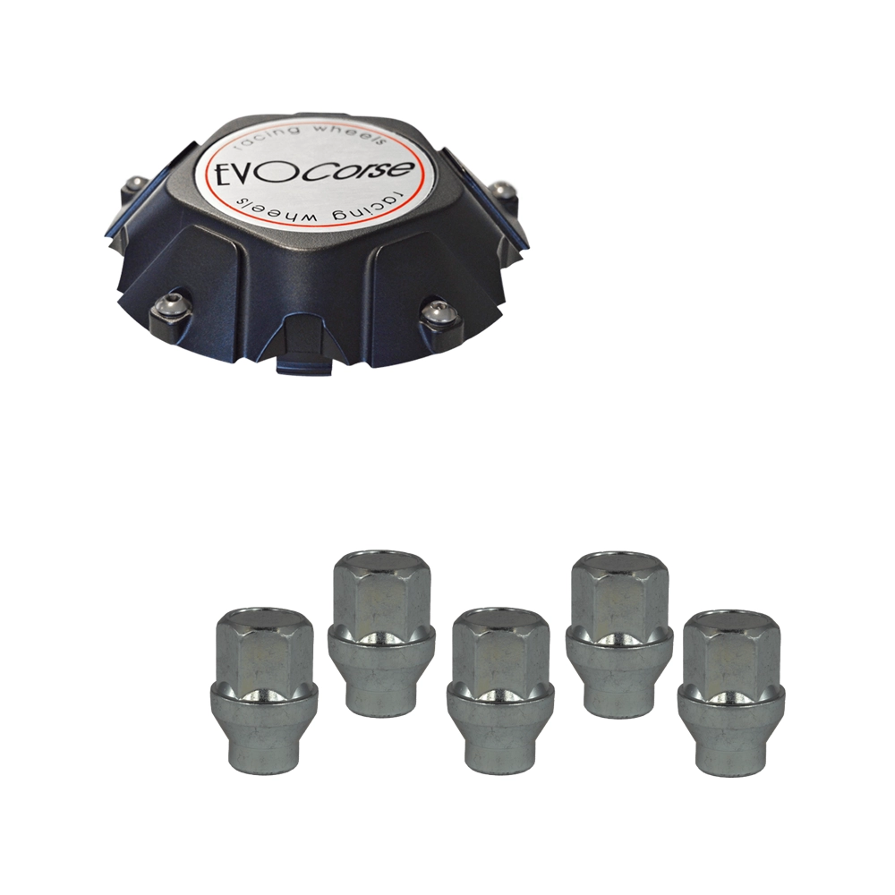 EVOCorse -  LC70 's - Fixing kit: 1 Dakar hubcap, 1 EVO Corse brushed badge, 5 closed lug nuts with shank M14x1.50 (132)