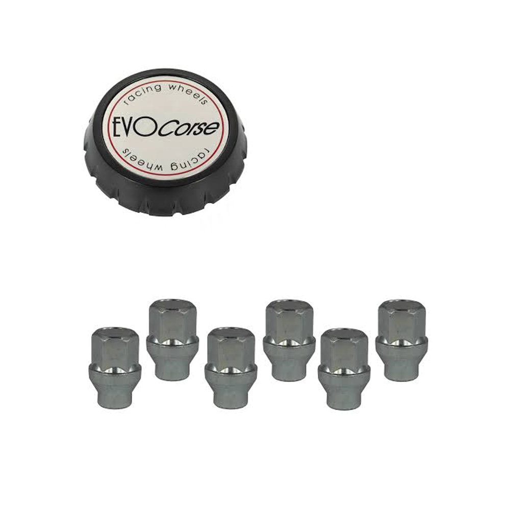 EVO - Fixing kit: 1 high hubcap in black plastic  (C100), 1 EVO Corse brushed badge (L31), 6  closed lug nuts with shank M14x1.5 (D42 -  white zinc.)
