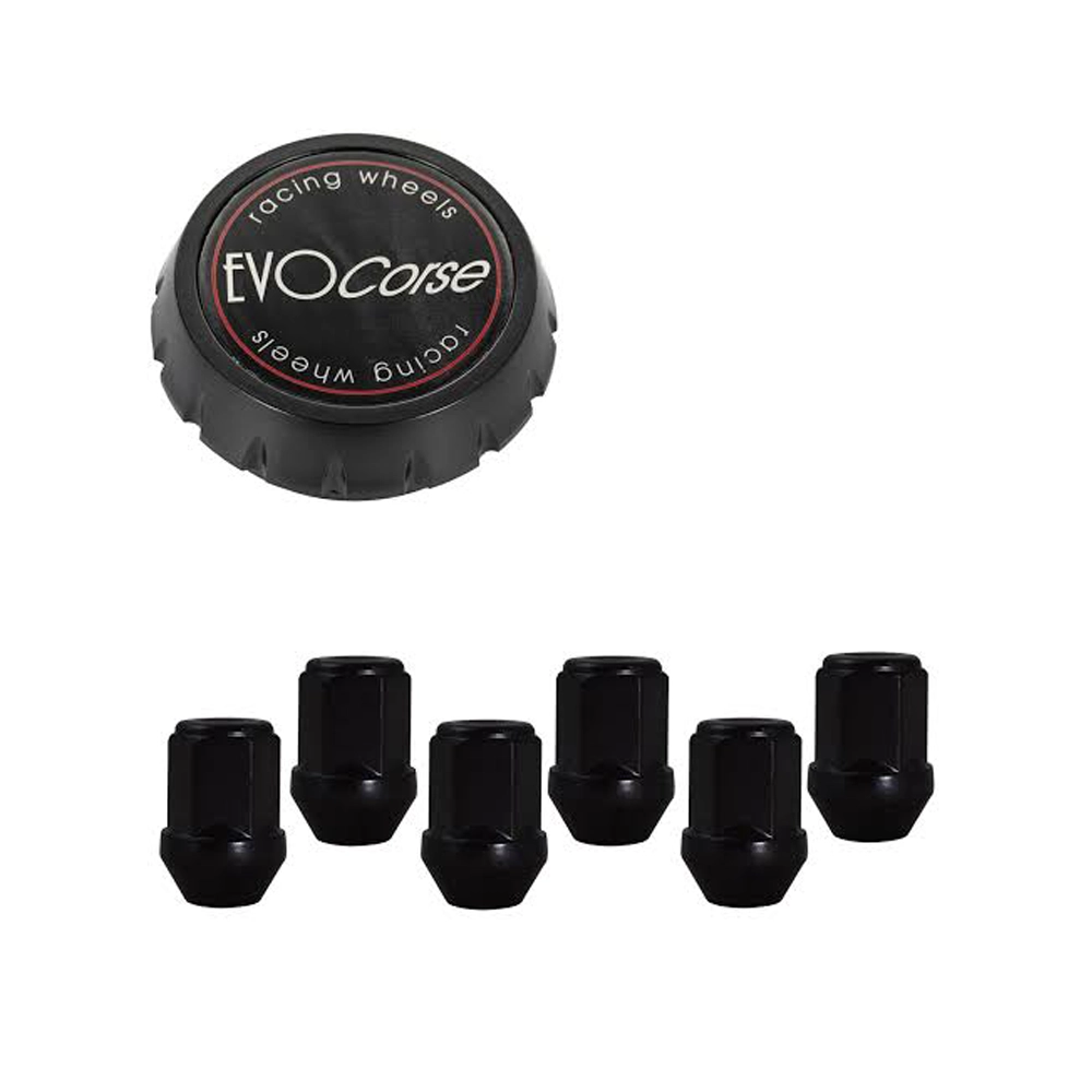 EVO - Fixing kit: 1 High centre hubcap in plastic  (C100), 1 EVO Corse black badge and brushed logo (L32), 6 black closed lug nuts M14x1.5 (199-ZN)