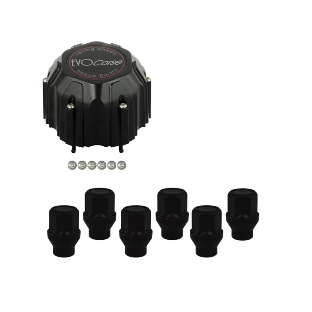 EVO - Fixing kit: 1 Patrol 6x139.7 hubcap (C110), 1 EVO Corse black badge and brushed logo (L32), 6 black closed lug nuts M12x1.25 (047-ZN)